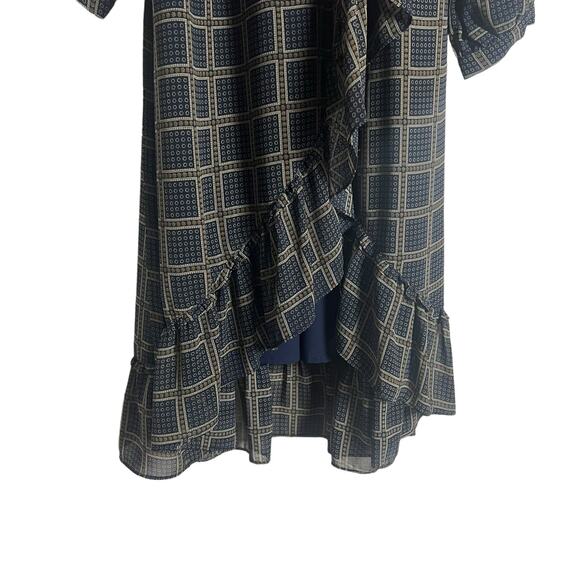 dRA Cicero Navy Blue Check Geo Print Long Sleeve Wrap Midi Dress Size Medium - Picture 9 of 14